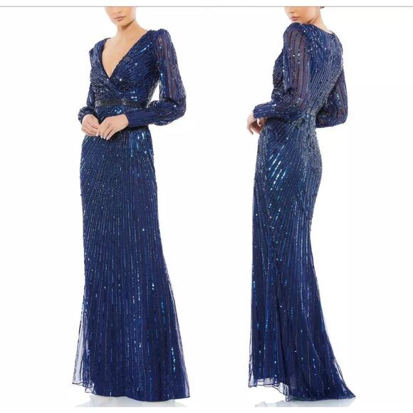 NEW Mac Duggal Navy Sequined Wrap Over Bishop Sleeve Gown Midnight sz 20 MD5501 - Picture 2 of 7